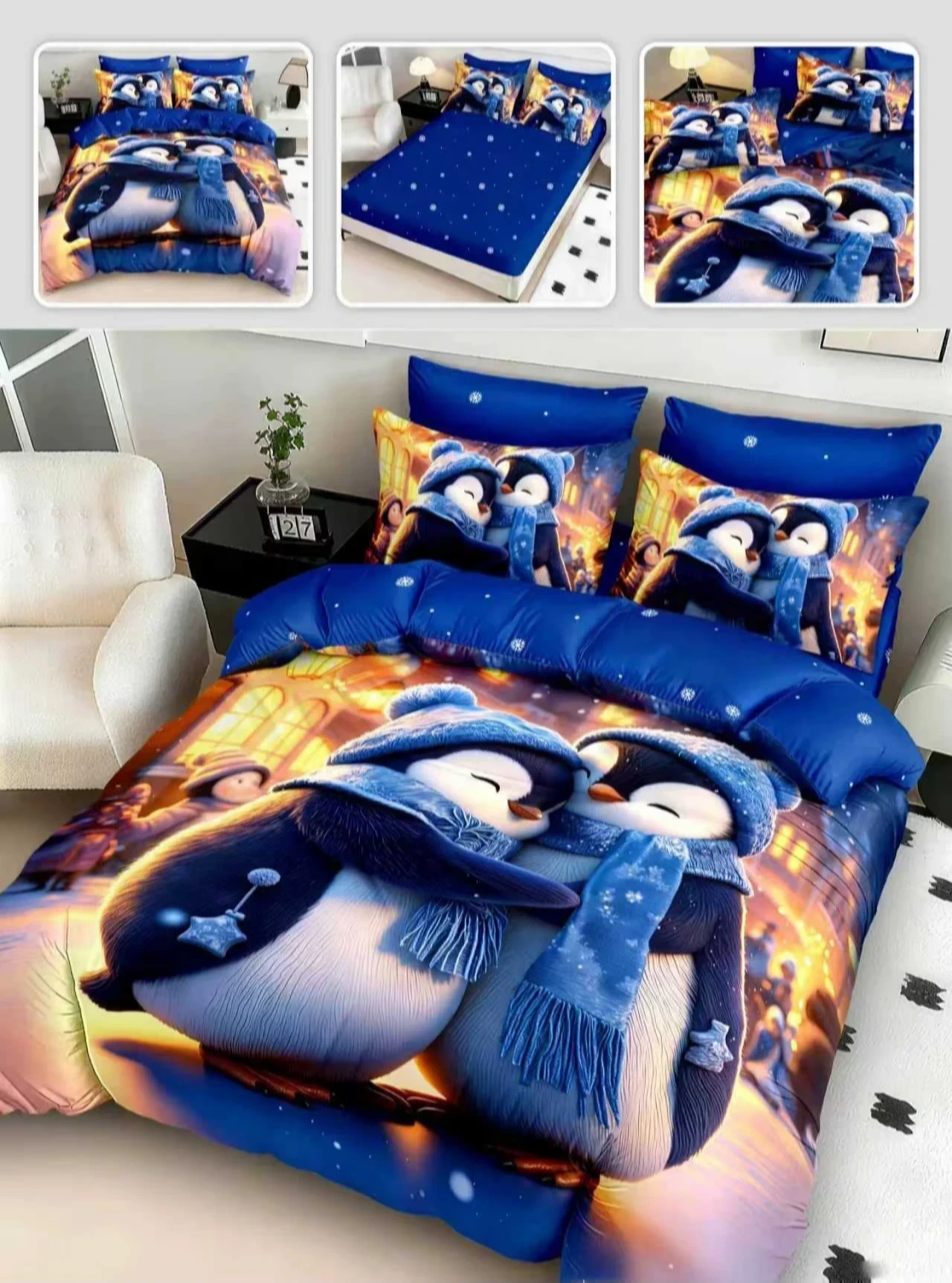 Lenjerii Mos Craciun cu Elastic - Lenjerie de Pat Premium Crăciun, 6 Piese albastru cu pinguini și focul Crăciunului-MTY17