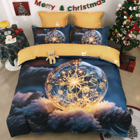 NOU EDITIE DE CRACIUN - Lenjerie de Pat Premium Crăciun, 6 Piese ,Elastic albastru cu glob auriu și stele luminoase-SD12