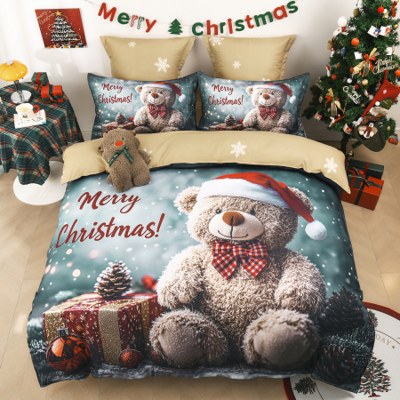 NOU EDITIE DE CRACIUN - Lenjerie de Pat Premium Crăciun, 6 Piese ,Elastic albastru cu urs teddy și mesaj Merry Christmas-SD22