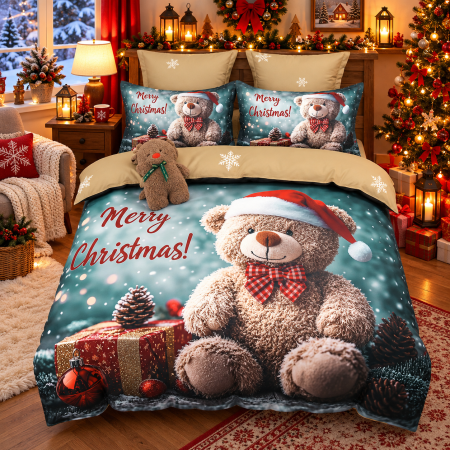Lenjerii Mos Craciun cu Elastic - Lenjerie de Pat Premium Crăciun, 6 Piese ,Elastic albastru cu urs teddy și mesaj Merry Christmas-SD22