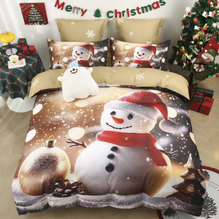 NOU EDITIE DE CRACIUN - Lenjerie de Pat Premium Crăciun, 6 Piese ,Elastic maro cu oameni de zăpadă și decorații festive-SD15