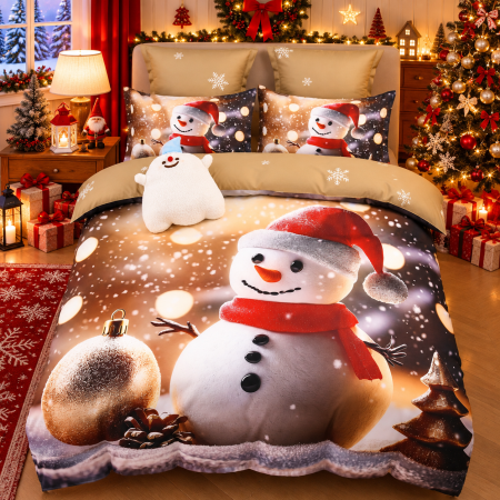 Lenjerii Mos Craciun cu Elastic - Lenjerie de Pat Premium Crăciun, 6 Piese ,Elastic maro cu oameni de zăpadă și decorații festive-SD15