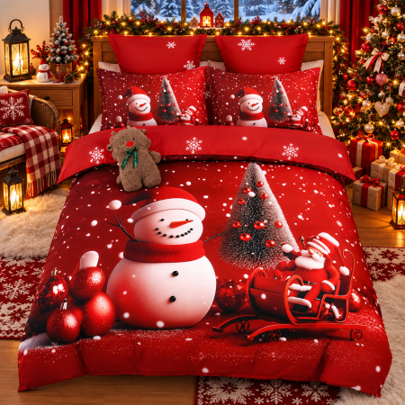 Lenjerii Mos Craciun cu Elastic - Lenjerie de Pat Premium Crăciun, 6 Piese ,Elastic roșu cu om de zăpadă și ornamente festive-SD3