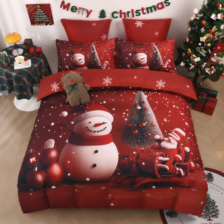NOU EDITIE DE CRACIUN - Lenjerie de Pat Premium Crăciun, 6 Piese ,Elastic roșu cu om de zăpadă și ornamente festive-SD3