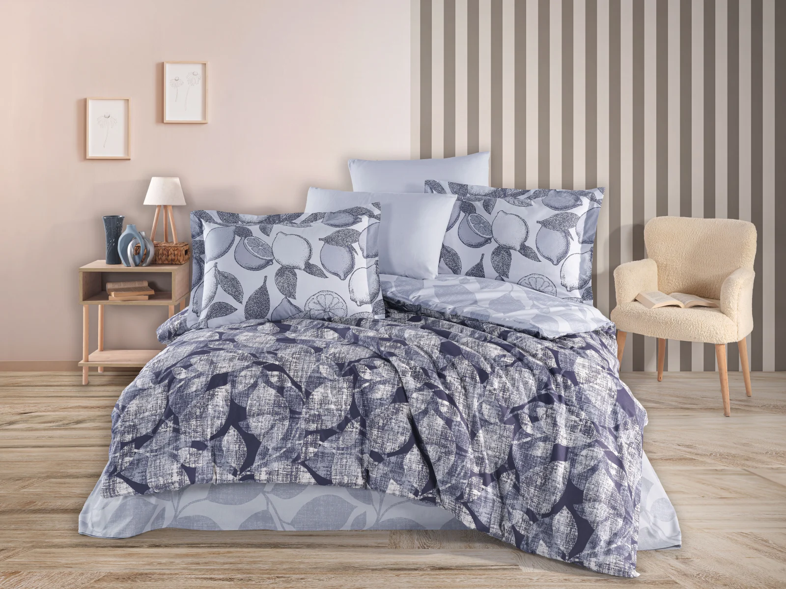 LENJERII DE PAT - Lenjerie de Pat Bumbac Poplin 2 Persoane - Calisse Lacivert-POP233