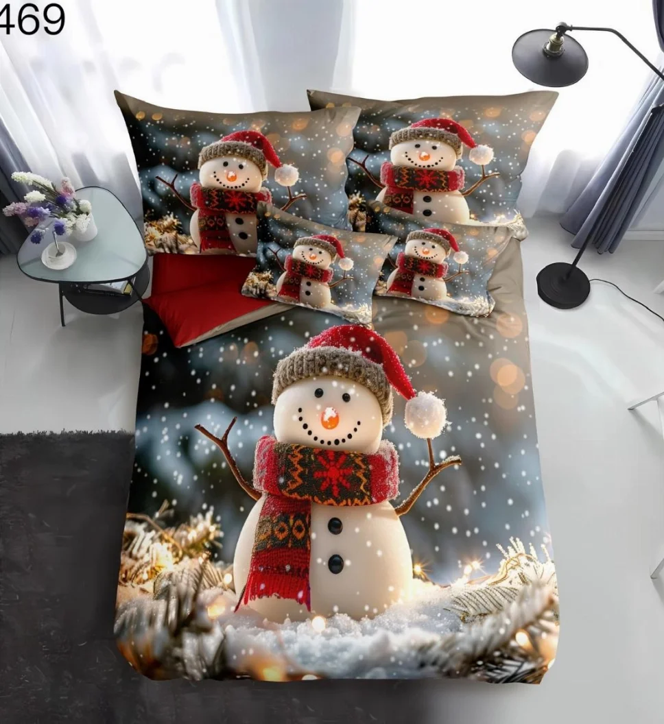 NOU EDITIE DE CRACIUN - Lenjerie pentru pat dublu cu Mos Craciun din FINET cu 6 piese, albastri cu omuleti de zapada veseli-GR469