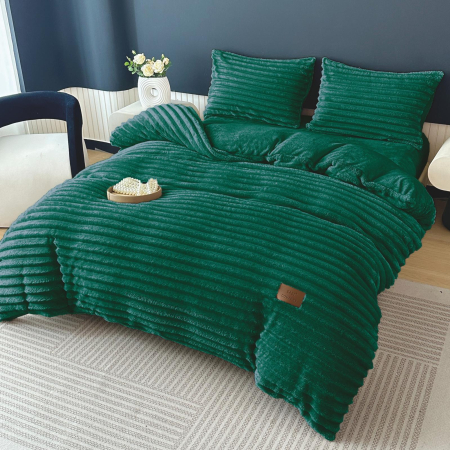 Lenjerii de pat Cocolino - Lenjerie Pufoasă Cocolino cu Elastic 4 Piese, Pat Dublu, verde cu dungi în relief-EC2