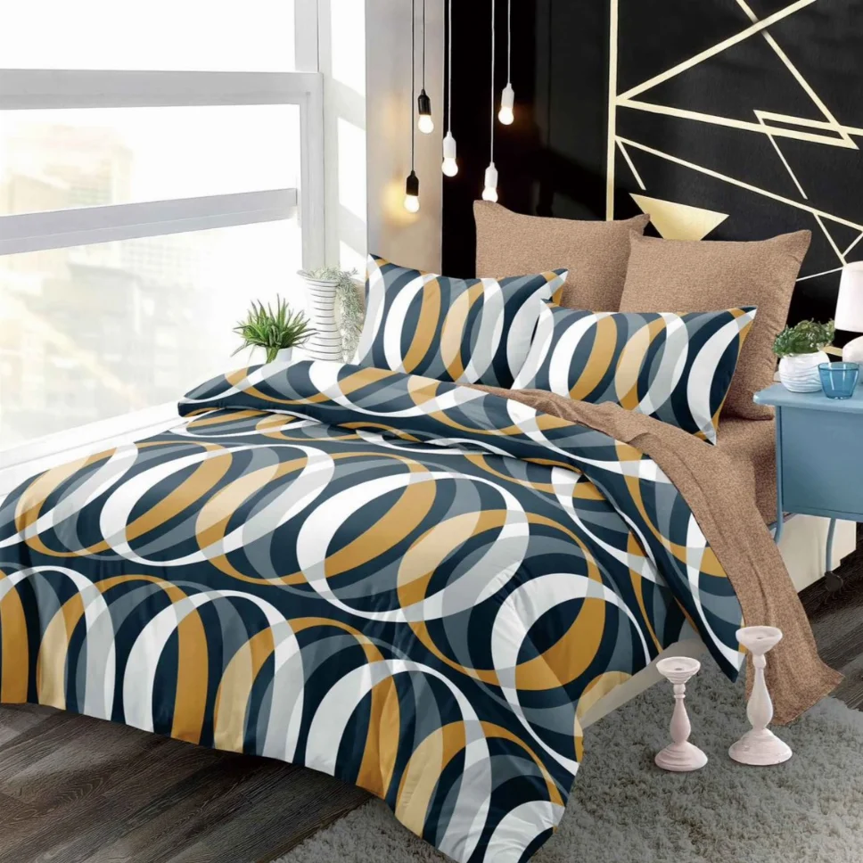LENJERII CU ELASTIC 1+1 - Lenjerii de pat Finet 6 piese cu Elastic, abstract geometric cu auriu-FEL298