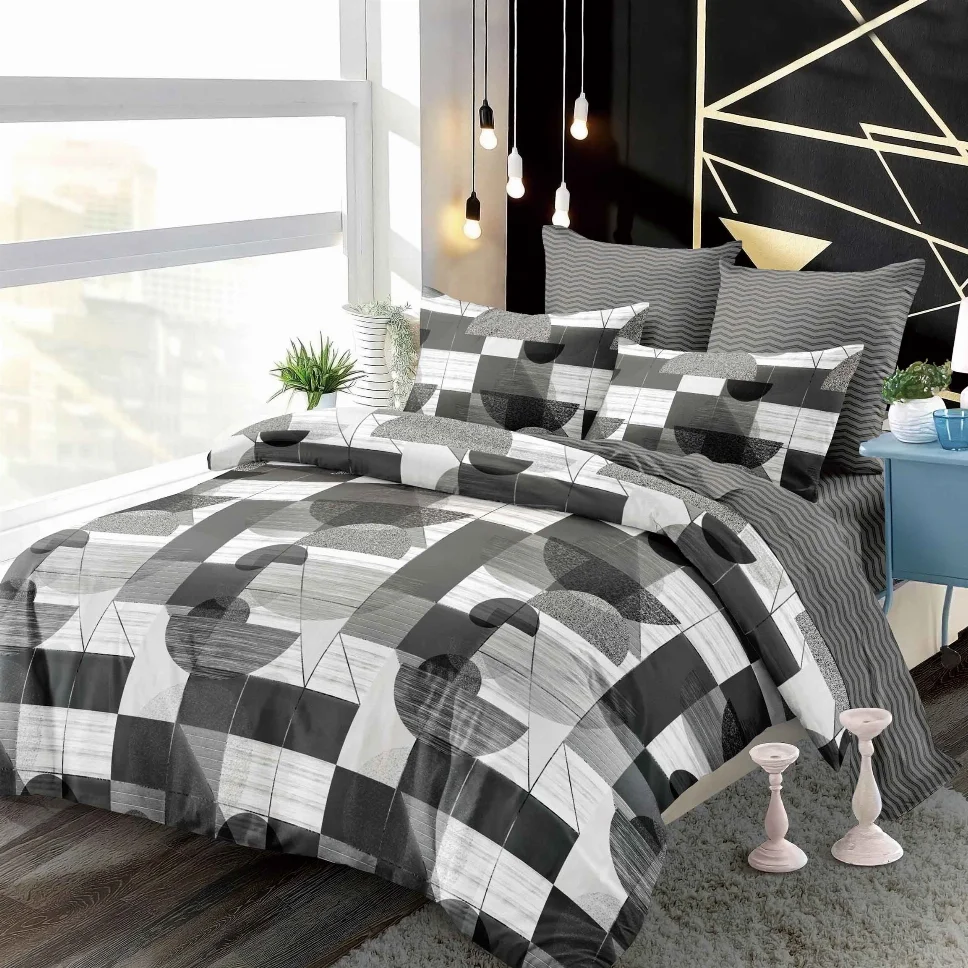 LENJERII CU ELASTIC 1+1 - Lenjerii de pat Finet 6 piese cu Elastic, abstract gri cu pătrate negre-FEL291
