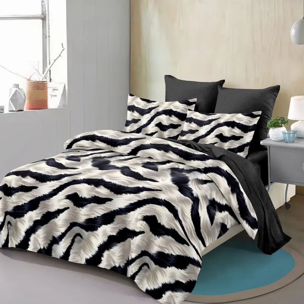 OFERTA LENJERII CU ELASTIC - Lenjerii de pat Finet 6 piese cu Elastic, alb cu dungi negre tip zebra-FEL267