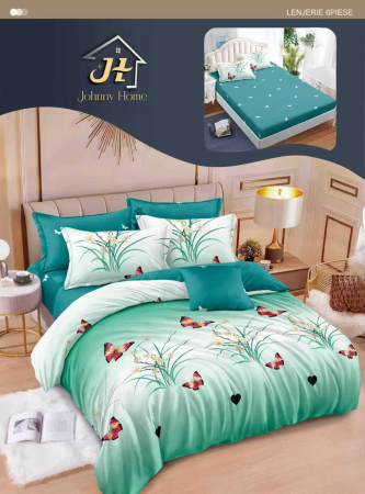 Lenjerii de pat cu Elastic - Lenjerii de pat Finet 6 piese cu Elastic,Alb/Verde cu Fluturi-T349
