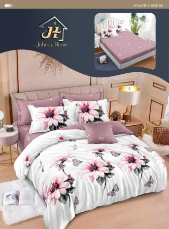 Lenjerii de pat cu Elastic - Lenjerii de pat Finet 6 piese cu Elastic,imprimeu floral alb și roz cu fluturi-T347