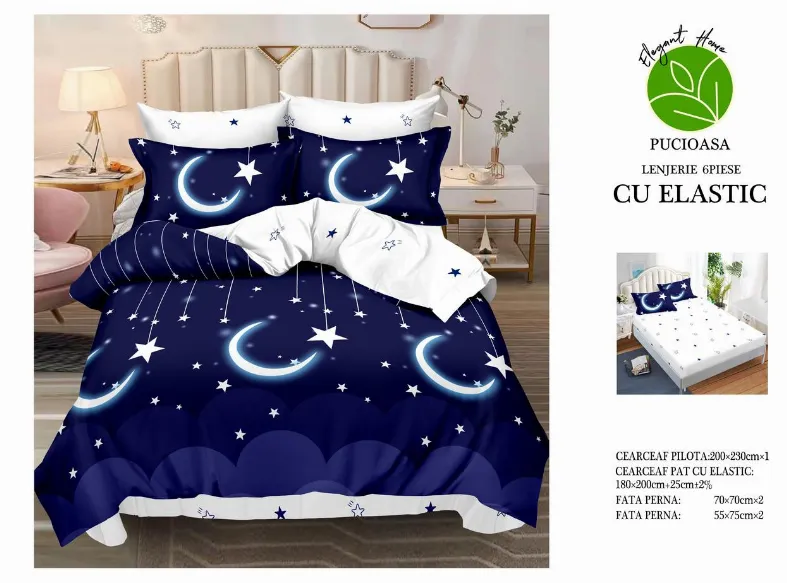 Lenjerii de pat cu Elastic - Lenjerii de pat Finet 6 piese cu Elastic, bleu cu luna si stele-T27