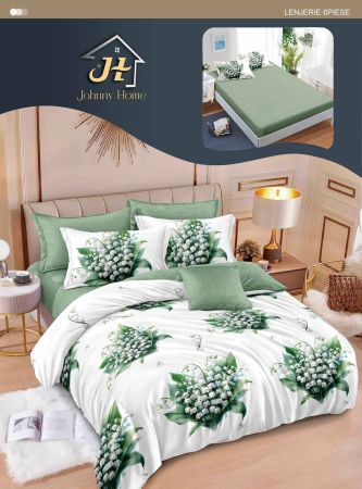 Lenjerii de pat cu Elastic - Lenjerii de pat Finet 6 piese cu Elastic,Alb/Verde cu Lacramioare-T342