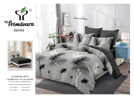 LICHIDARE STOC - Lenjerii de pat Finet 6 piese cu Elastic,Gri cu imprimeu Pana -FEL420