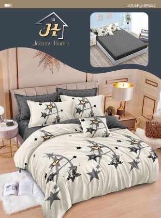 Lenjerii de pat cu Elastic - Lenjerii de pat Finet 6 piese cu Elastic,imprimeu cu stelute gri-T341