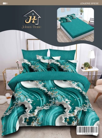 Lenjerii de pat cu Elastic - Lenjerii de pat Finet 6 piese cu Elastic,valuri turcoaz si alb-T330