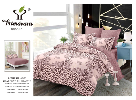 LENJERII CU ELASTIC 1+1 - Lenjerii de pat Finet 6 piese cu Elastic, Animal print cu detalii florale-FEL401
