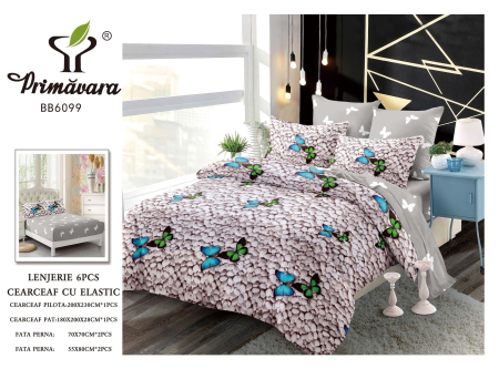 LENJERII CU ELASTIC 1+1 - Lenjerii de pat Finet 6 piese cu Elastic,Fluturi si pietre-FEL400