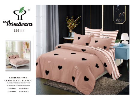LICHIDARE STOC - Lenjerii de pat Finet 6 piese cu Elastic,Maro cu imprimeu inimioare negre -FEL421