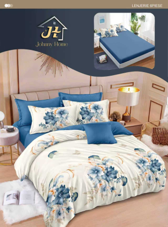 Lenjerii de pat cu Elastic - Lenjerii de pat Finet 6 piese cu Elastic,imprimeu flori albastre-T343
