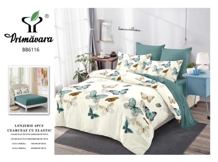 OFERTA LENJERII CU ELASTIC - Lenjerii de pat Finet 6 piese cu Elastic,imprimeu cu fluturi-FEL413