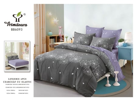 LENJERII CU ELASTIC 1+1 - Lenjerii de pat Finet 6 piese cu Elastic,Gri/Mov,Papadii-FEL402