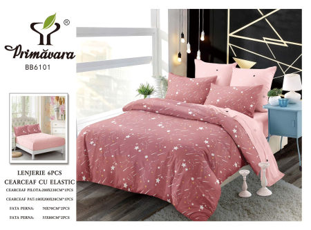 LENJERII CU ELASTIC 1+1 - Lenjerii de pat Finet 6 piese cu Elastic, Roz pudra Constelatii-FEL404