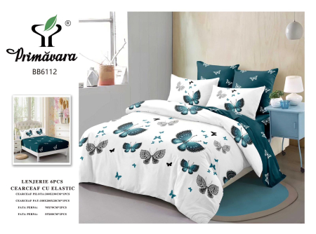 LICHIDARE STOC - Lenjerii de pat Finet 6 piese cu Elastic, cu imprimeu elegant fluturi turcoaz pe fond alb-FEL417