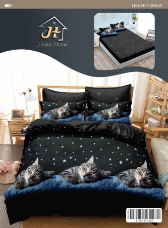 Lenjerii de pat cu Elastic - Lenjerii de pat Finet 6 piese cu Elastic,imprimeu pisica si cer instelat-T323
