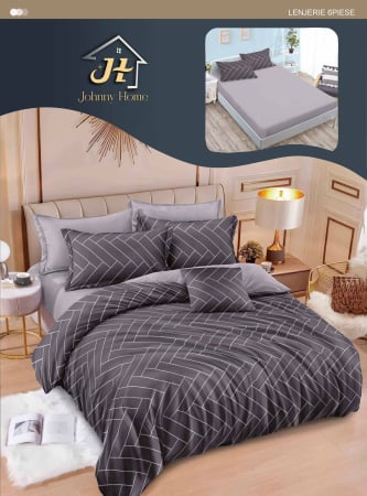 OFERTA LENJERII CU ELASTIC - Lenjerii de pat Finet 6 piese cu Elastic,gri,imprimeu geometric linii albe-T350