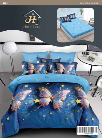OFERTA LENJERII CU ELASTIC - Lenjerii de pat Finet 6 piese cu Elastic,imprimeu Fluturi albastri mari-T326