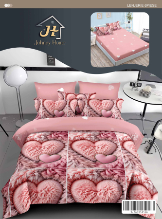 Lenjerii de pat cu Elastic - Lenjerii de pat Finet 6 piese cu Elastic, Iprimeu inimioare roz pufoase-T333