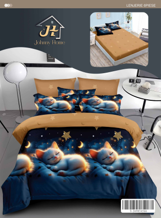 Lenjerii de pat cu Elastic - Lenjerii de pat Finet 6 piese cu Elastic, Iprimeu pisica si cer instelat-T336