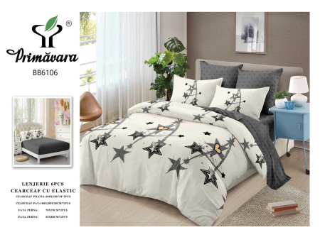 LICHIDARE STOC - Lenjerii de pat Finet 6 piese cu Elastic,Stelute gri si negre -FEL422