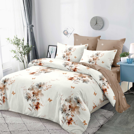 LENJERII CU ELASTIC 1+1 - Lenjerii de pat Finet 6 piese cu Elastic,Model floral elegant în nuanțe de crem și maro-FEL414
