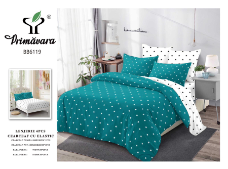 LENJERII CU ELASTIC 1+1 - Lenjerii de pat Finet 6 piese cu Elastic,imprimeu cu stele albe pe fundal turcoaz-FEL412
