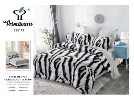 LENJERII CU ELASTIC 1+1 - Lenjerii de pat Finet 6 piese cu Elastic, imprimeu modern tip zebra-FEL408