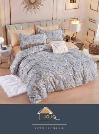 LENJERII DE PAT - Lenjerii de pat Finet 6 piese cu Elastic,Pat dublu gri cu paisley și auriu-FJE150