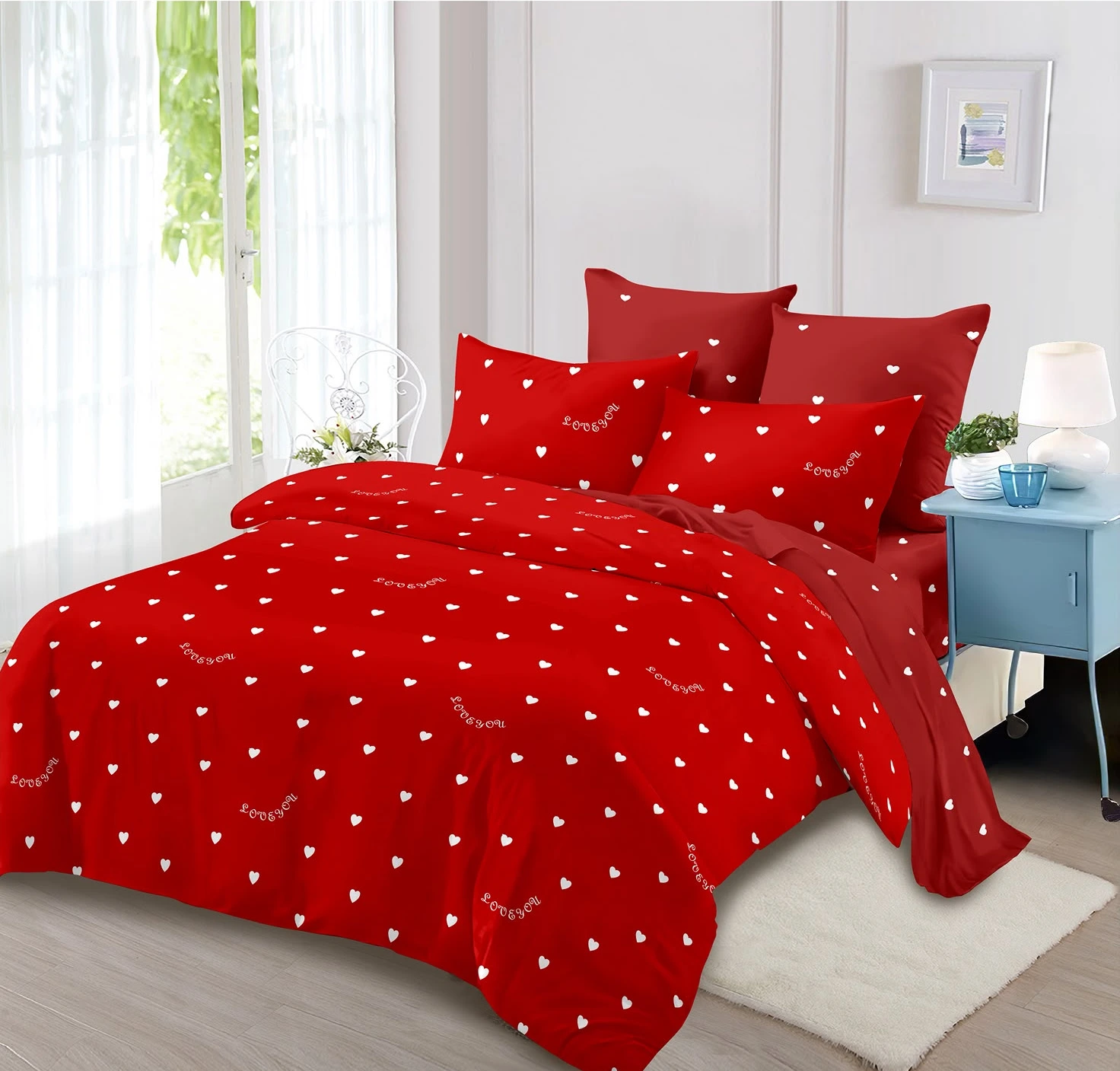LENJERII DE PAT - Lenjerii de pat Finet 6 piese cu Elastic roșu cu inimă albă și text decorativ-FEL445
