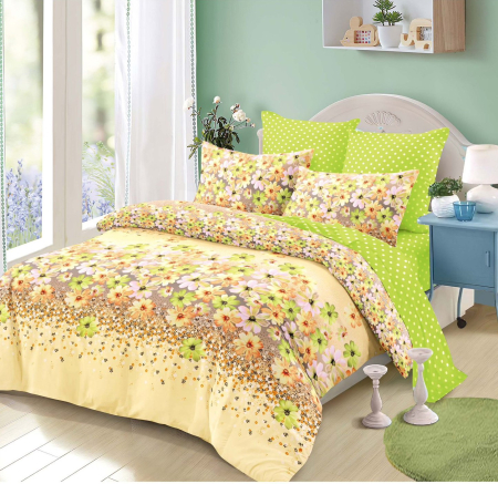 LENJERII CU ELASTIC 1+1 - Lenjerii de pat Finet 6 piese cu Elastic,Verde cu floricele colorate-FEL406