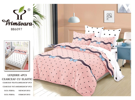 LENJERII CU ELASTIC 1+1 - Lenjerii de pat Finet 6 piese cu Elastic, Roz cu buline si fundite-FEL405