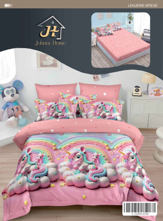 OFERTA LENJERII CU ELASTIC - Lenjerii de pat Finet 6 piese cu Elastic, unicorni pe nori roz, curcubeie și steluțe-T329