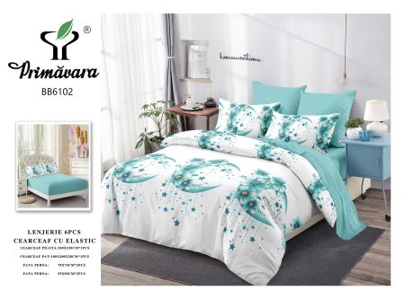 LICHIDARE STOC - Lenjerii de pat Finet 6 piese cu imprimeu semilună și flori în nuanțe de turcoaz-FEL426