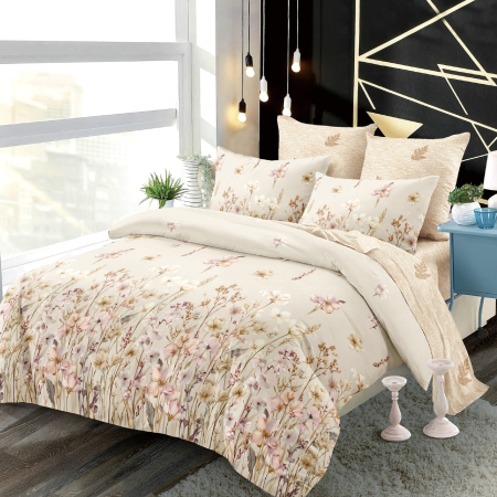 LENJERII CU ELASTIC 1+1 - Lenjerii de pat Finet 6 piese imprimeu Bej cu floricele de Primavara-FEL443
