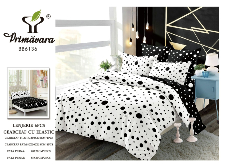 LENJERII CU ELASTIC 1+1 - Lenjerii de pat Finet 6 piese imprimeu cu Buline negre pe alb-FEL444
