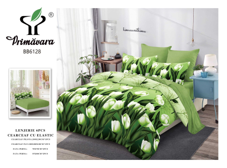 LENJERII CU ELASTIC 1+1 - Lenjerii de pat Finet 6 piese imprimeu Verde cu Lalele albe-FEL434
