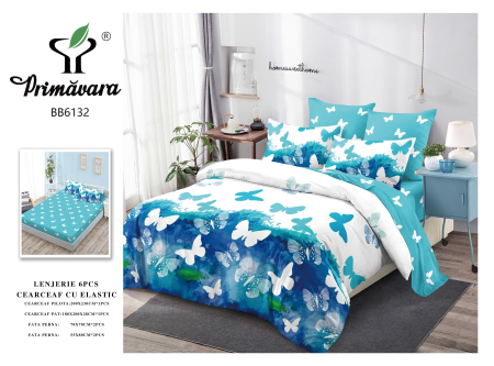 LICHIDARE STOC - Lenjerii de pat Finet 6 piese imprimeu de fluturi în nuanțe de albastru și turcoaz -FEL439