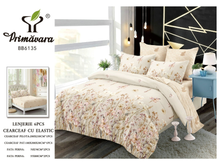 LICHIDARE STOC - Lenjerii de pat Finet 6 piese imprimeu Bej cu floricele de Primavara-FEL443