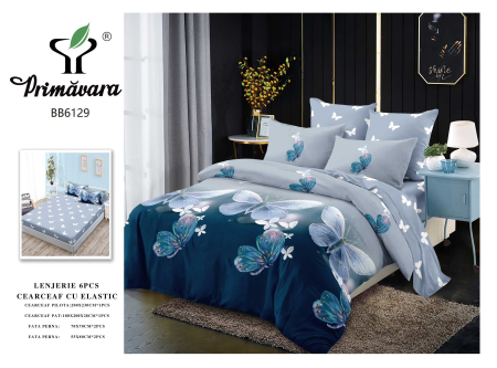 LICHIDARE STOC - Lenjerii de pat Finet 6 piese imprimeu fluturi albaștri pe un fundal gri -FEL440
